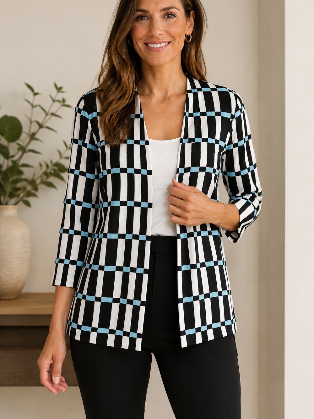 Ming Wang Checked 3/4 Sleeve Cardigan Jacket Black White Blue Size Medium